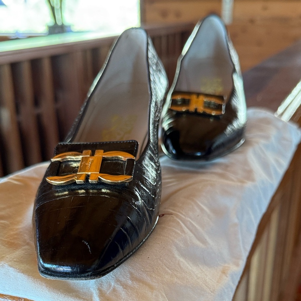 Salvatore Ferragamo Black Loafers with Gold Accent w/dust bag